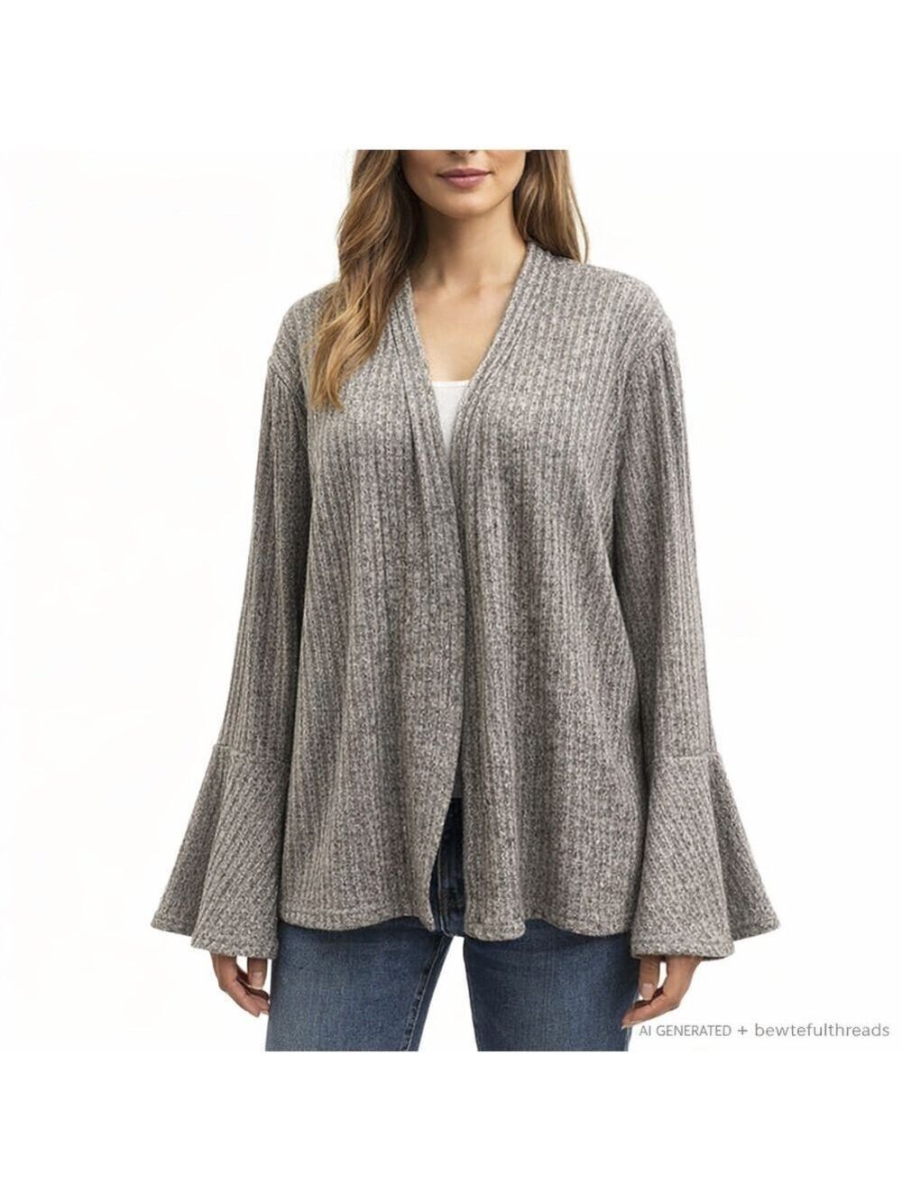 Slouchy Ribbed Bell Sleeve Cardigan Grey Cozy Boho Effortless XL